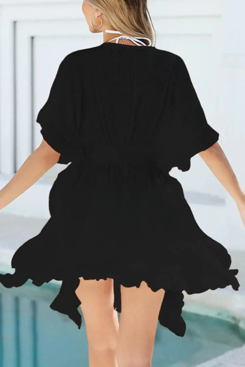 Ruffled Smocked Waist V-Neck Cover-Up  Style Ratio