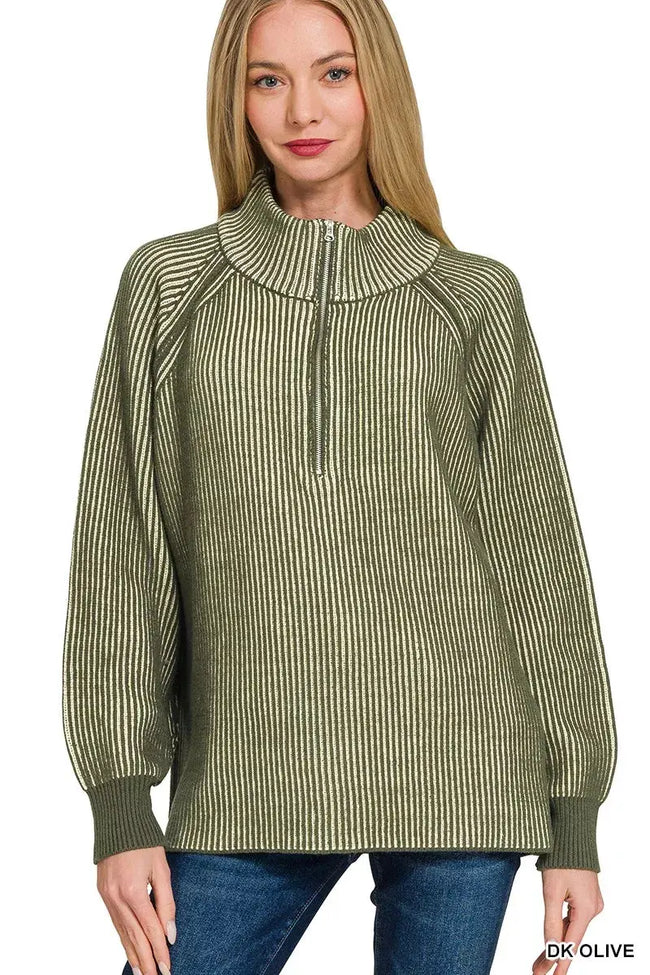 Zenana Ribbed Two Tone Half Zip Sweatshirt  Style Ratio