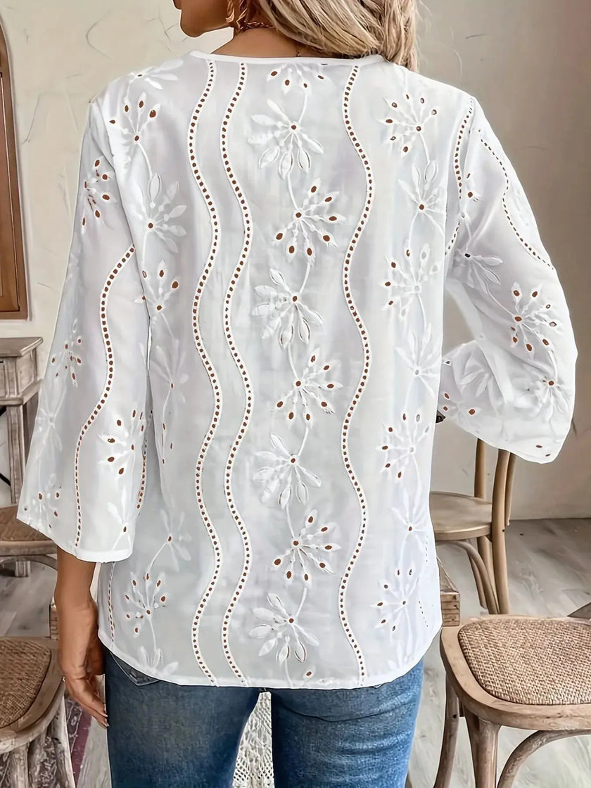 Eyelet Embroidered Notched Blouse  Style Ratio