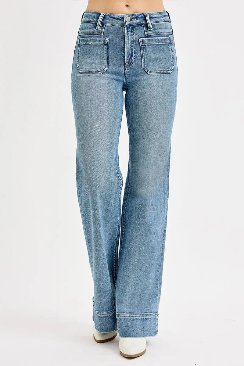 RISEN High Rise Wide Flare Patch Pocket Jeans  Style Ratio