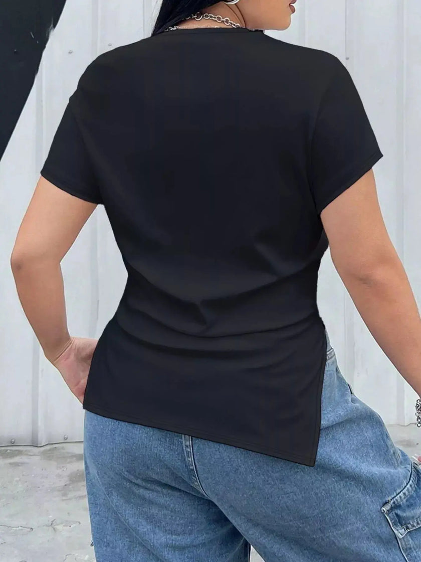 Plus Size Ruched Round Neck Short Sleeve Shirt  Style Ratio