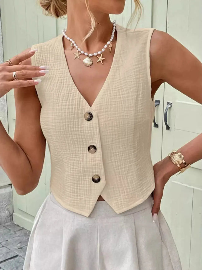 Textured Button Front Vest  Style Ratio