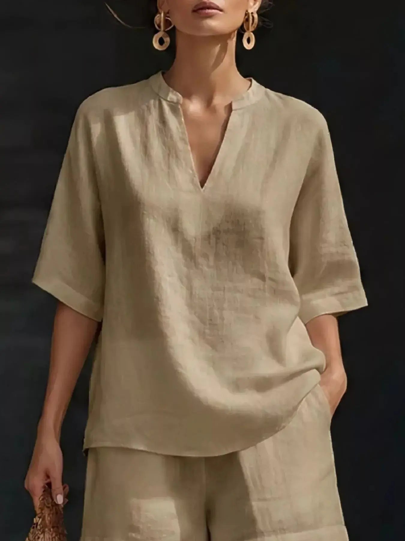 Full Size Notched Half Sleeve Top and Shorts Set  Style Ratio