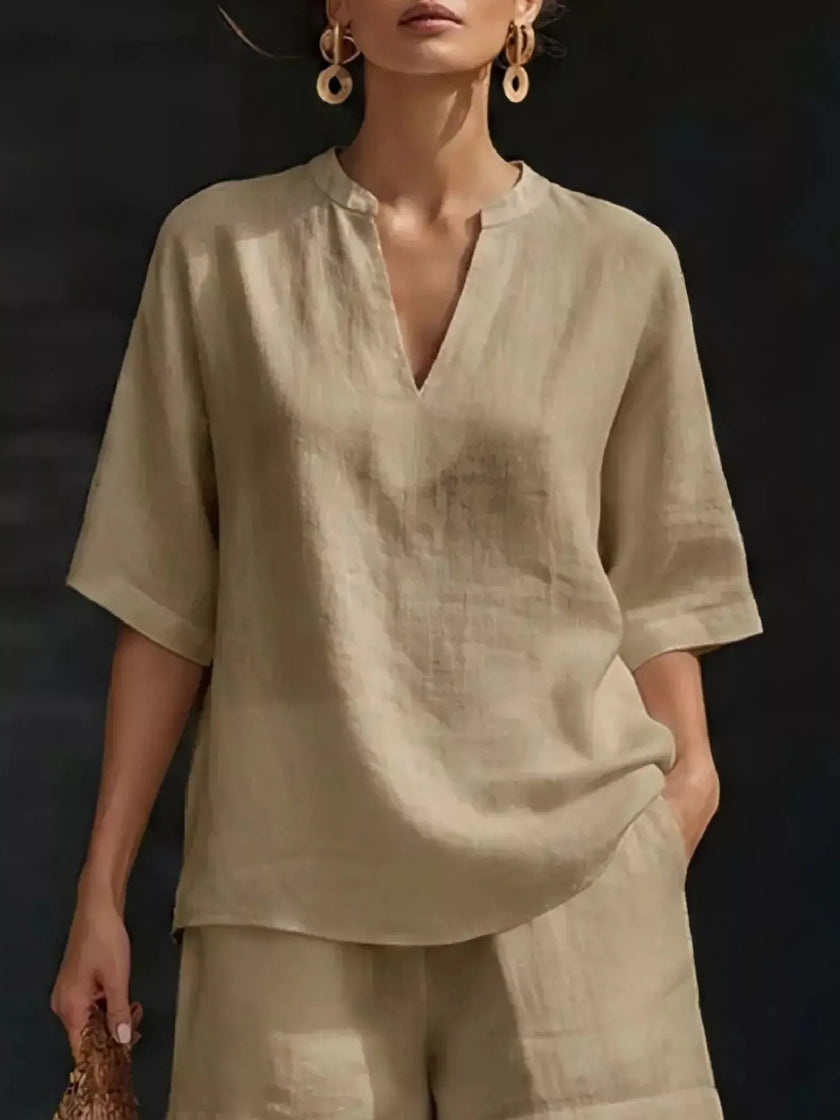 Full Size Notched Half Sleeve Top and Shorts Set  Style Ratio