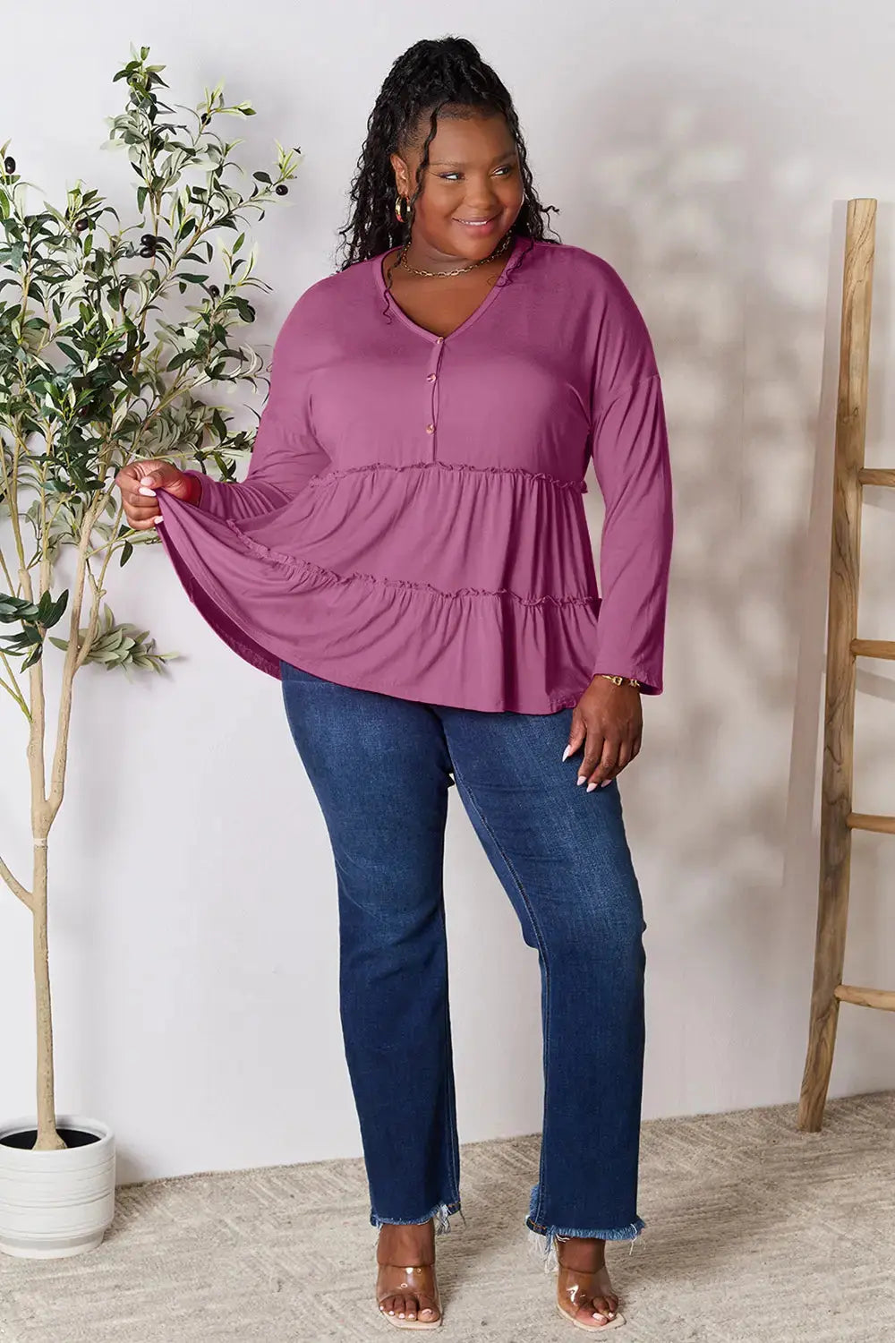 Double Take Half Button Long Sleeve Ruffle Hem Blouse  Style Ratio