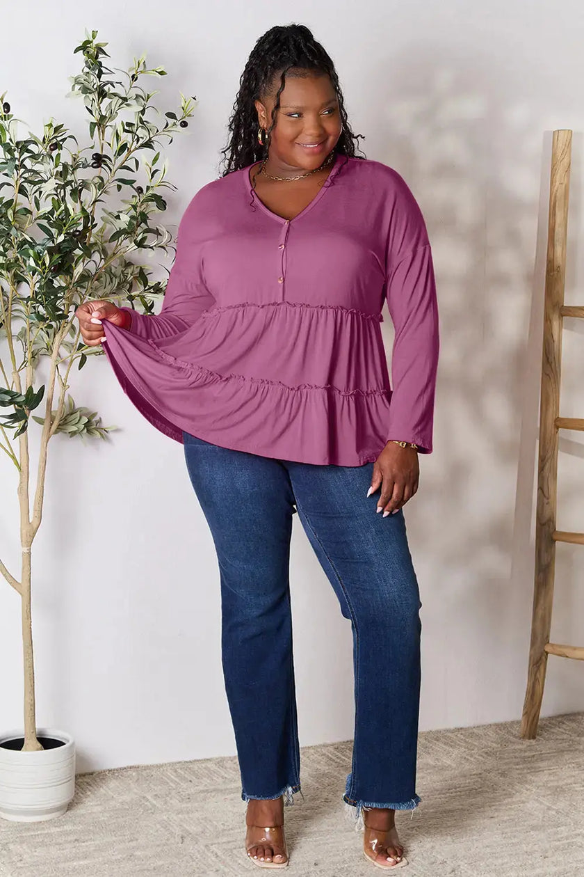Double Take Half Button Long Sleeve Ruffle Hem Blouse  Style Ratio