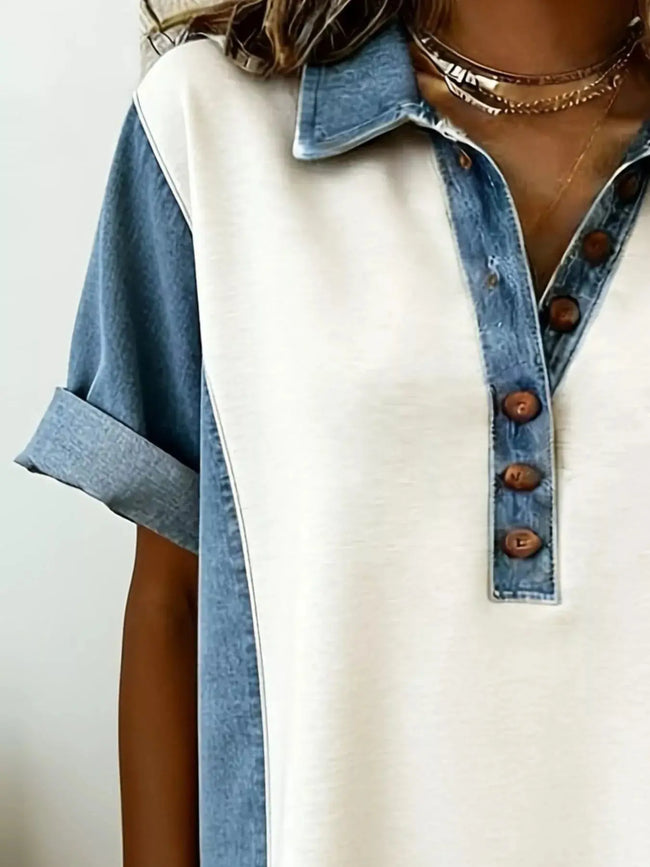Denim Patchwork Button Front Mini Dress  Style Ratio