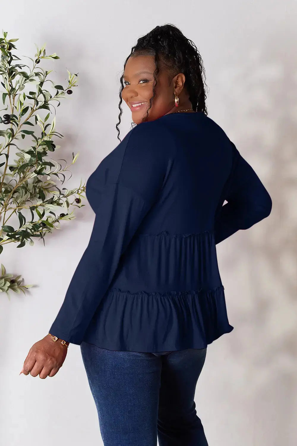 Double Take Half Button Long Sleeve Ruffle Hem Blouse  Style Ratio