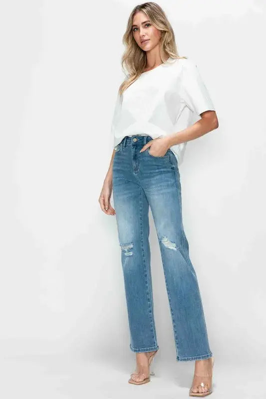 bytos Full Size Distressed High Rise Straight Jeans  Style Ratio