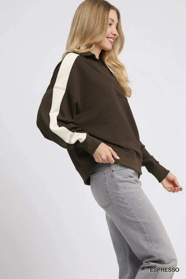 Umgee Color Block Polo Sweatshirt  Style Ratio
