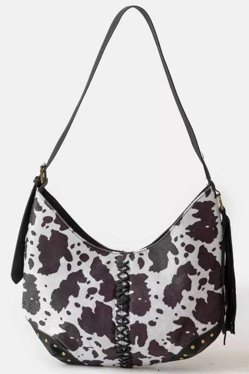 Fame Cow Print Hobo Shoulder Bag with Studded Details  Style Ratio