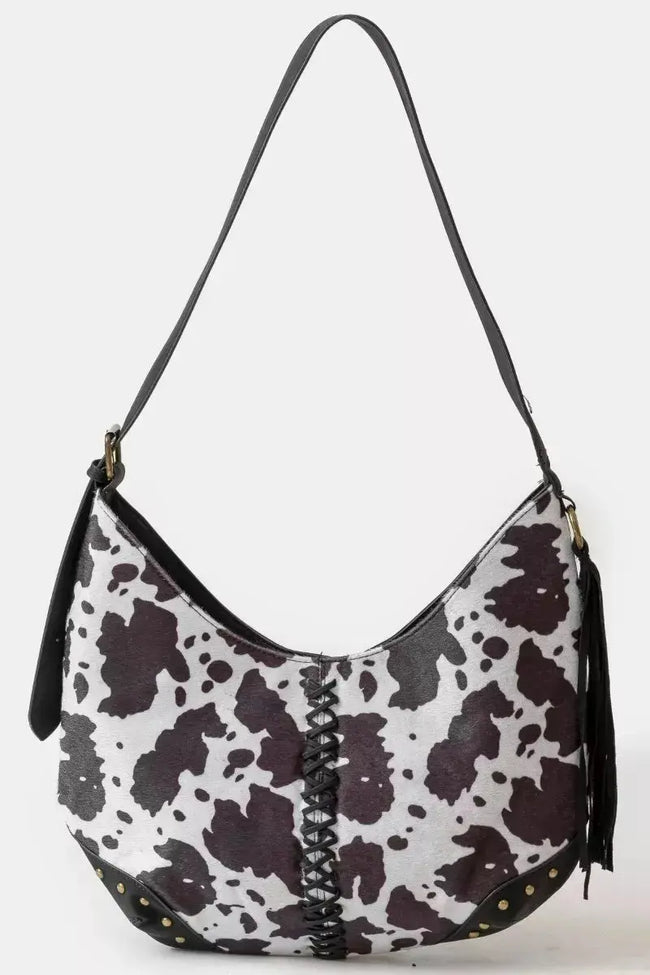 Fame Cow Print Hobo Shoulder Bag with Studded Details  Style Ratio