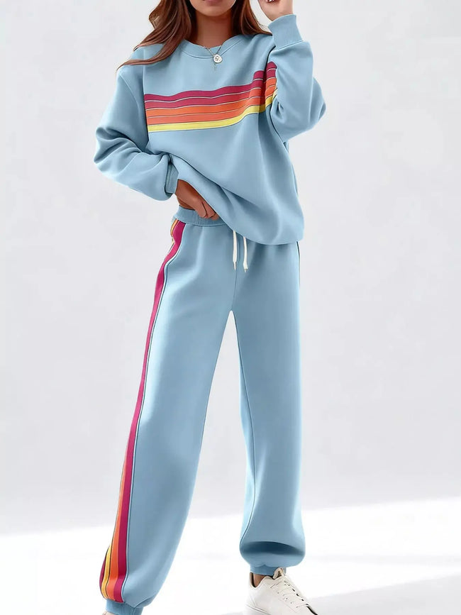 Striped Round Neck Sweatshirt and Pants Set  Style Ratio