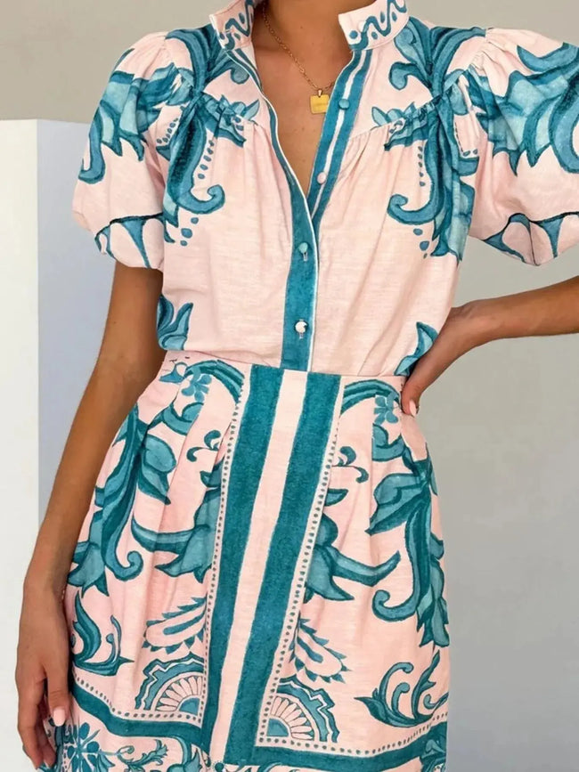 Printed Puff Sleeve Top and Skirt Set  Style Ratio
