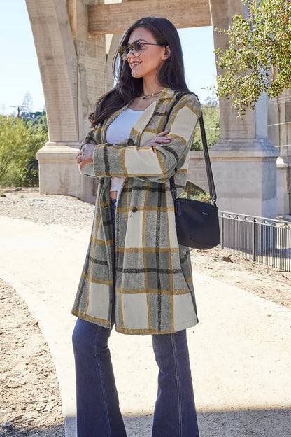 Double Take Plaid Button Up Lapel Collar Coat Trendsi