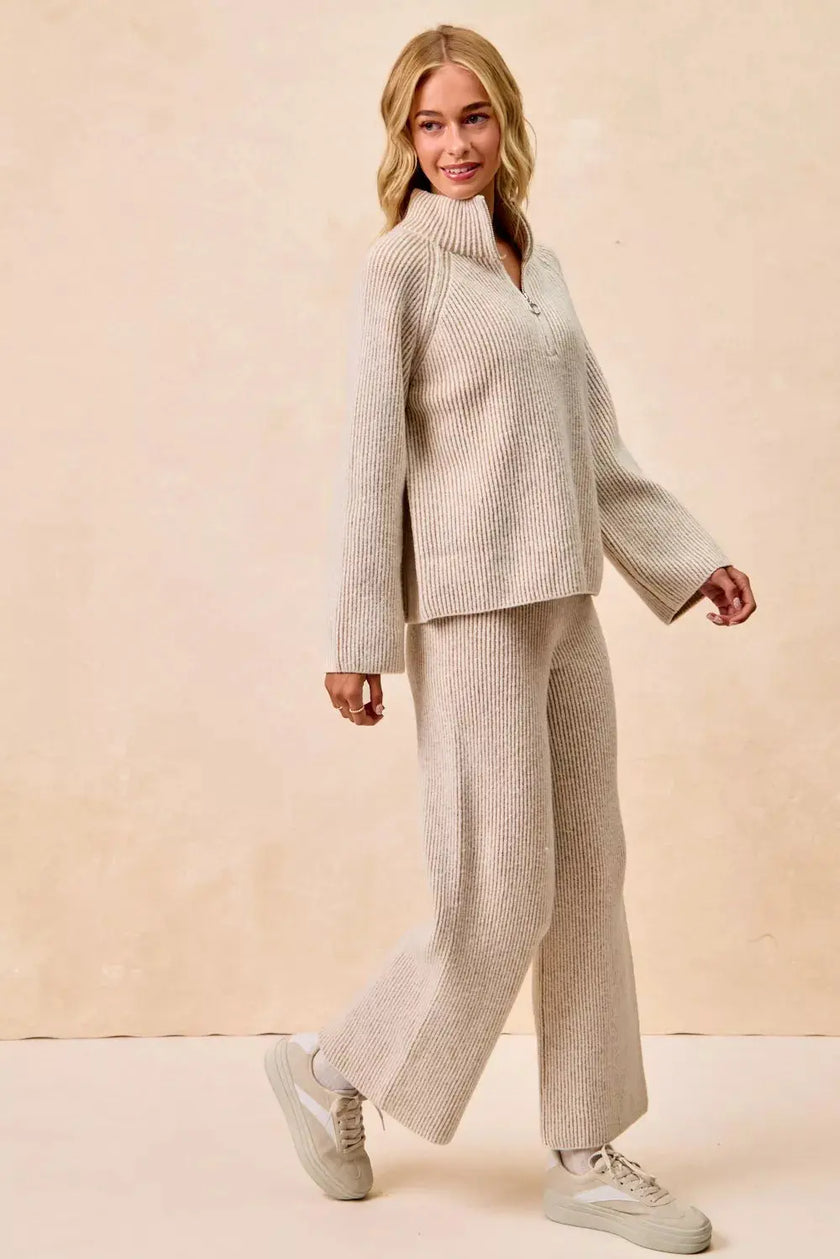 BiBi Two Tone Rib Textured Knit Collared Top with Zip Up  Style Ratio