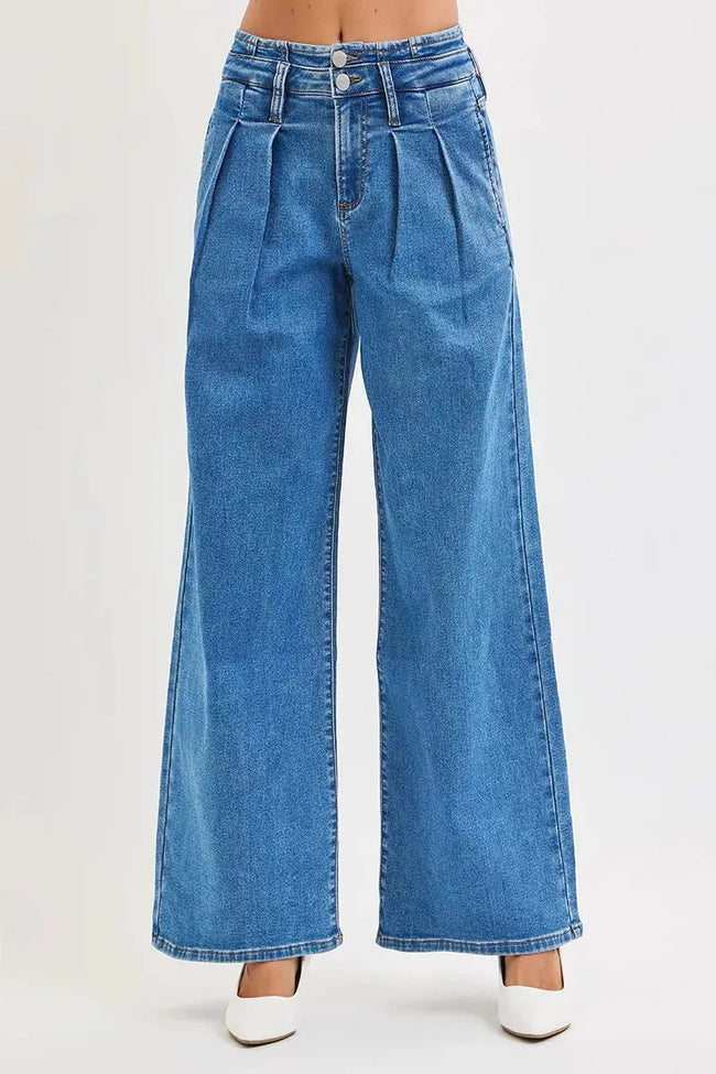 RISEN Full Size Mid Rise Fit Wide Leg with Pleated Detail Jeans  Style Ratio