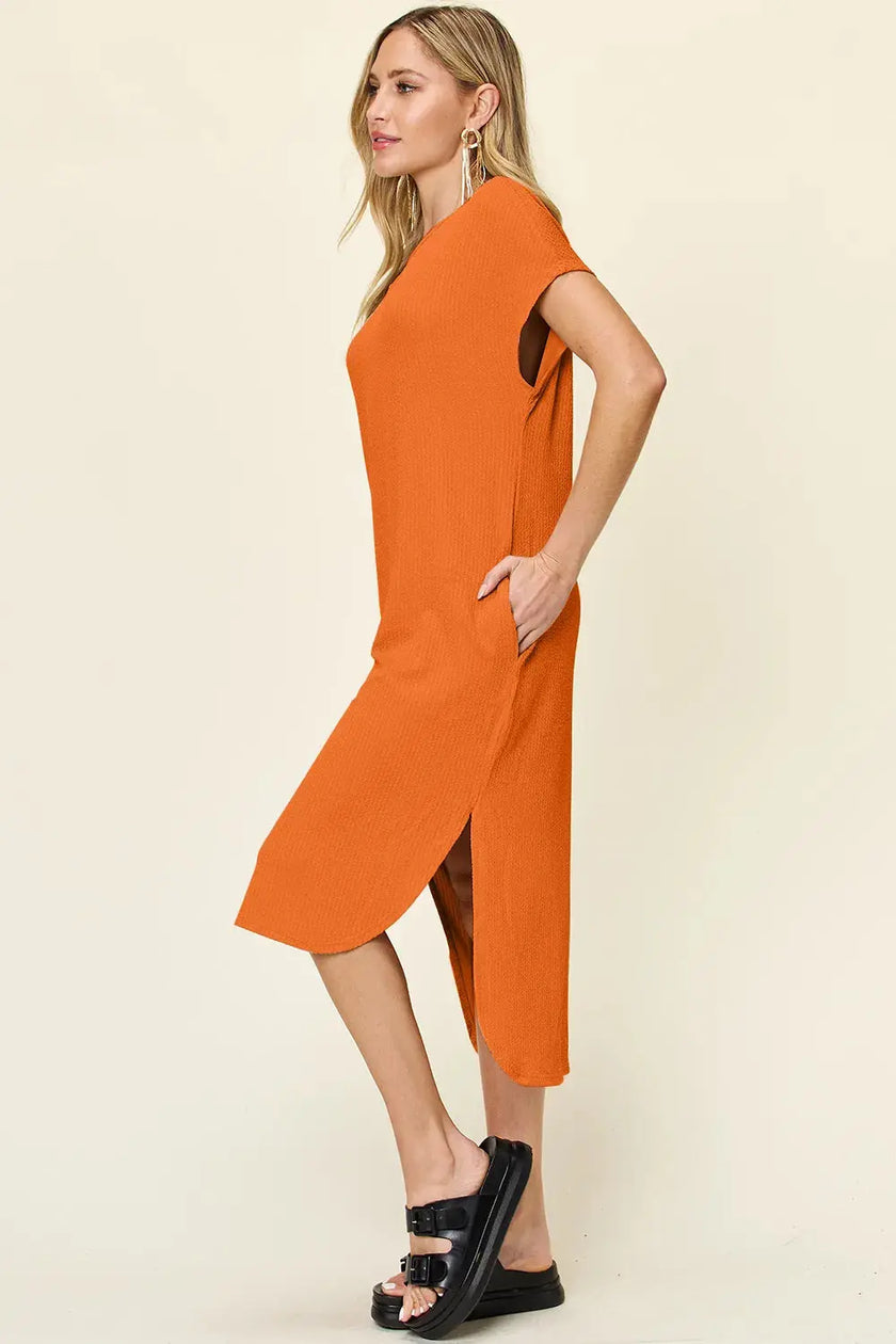 Double Take Full Size Round Neck Short Sleeve Slit Dress  Style Ratio