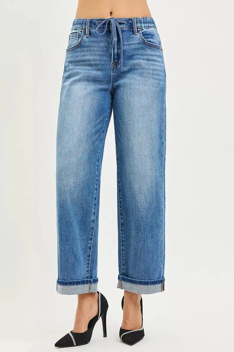 RISEN Elastic Band Slouch Ankle Boyfriend Cuffed Hem Jeans  Style Ratio