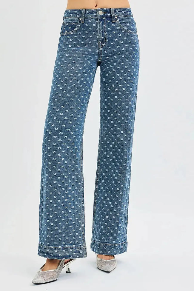 RISEN High Rise Wide Leg Bow Embroidered Jeans  Style Ratio