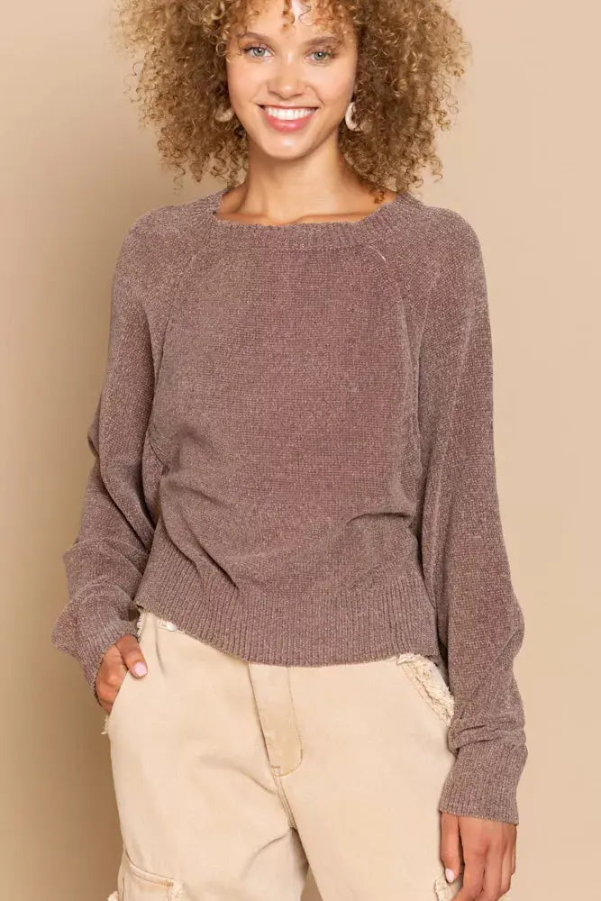 POL Round Neck Backless Sweater with Ribbed Edge  Style Ratio