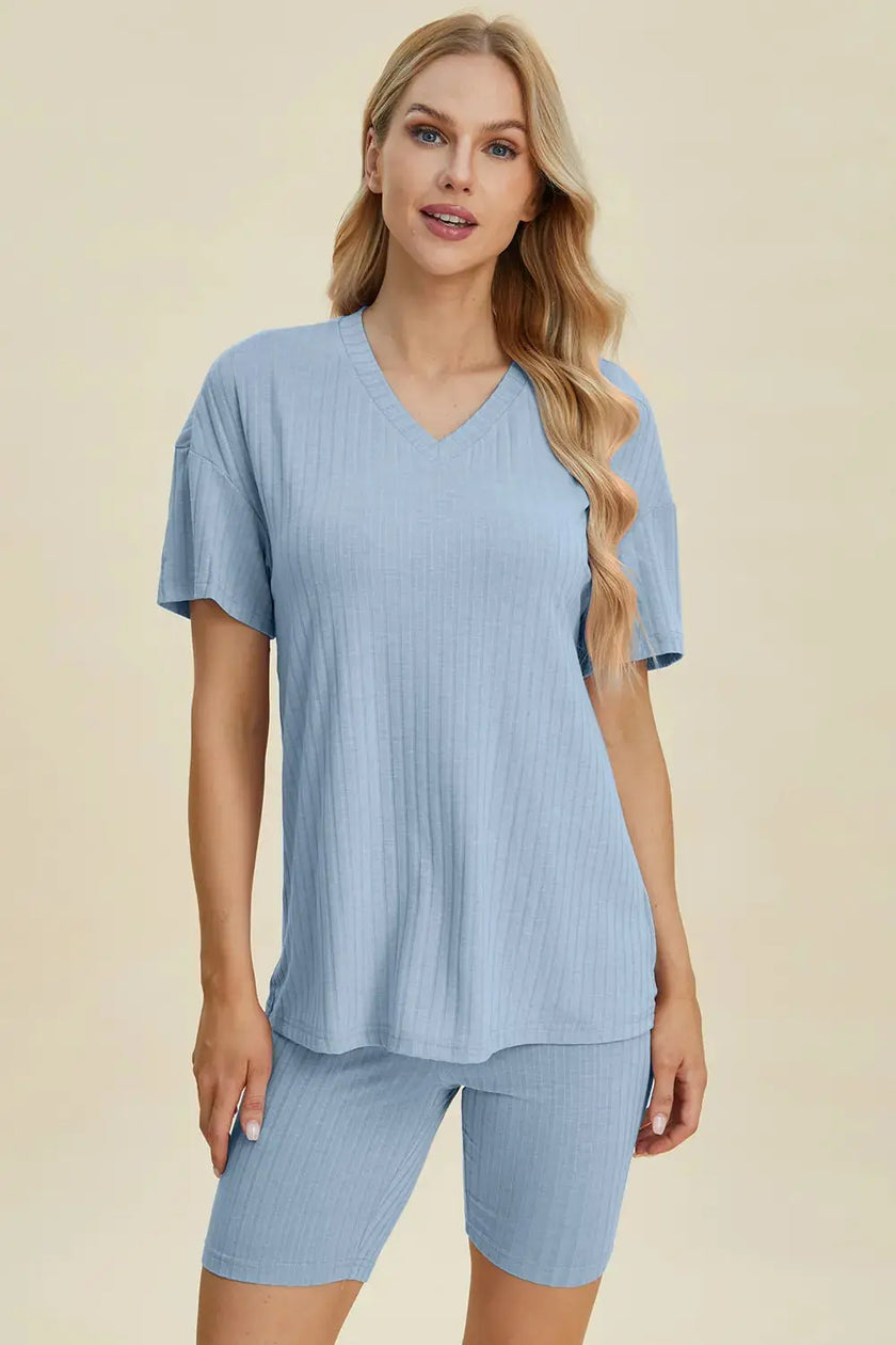 Basic Bae Full Size Ribbed V-Neck Short Sleeve Top and Shorts Loungewear  Style Ratio
