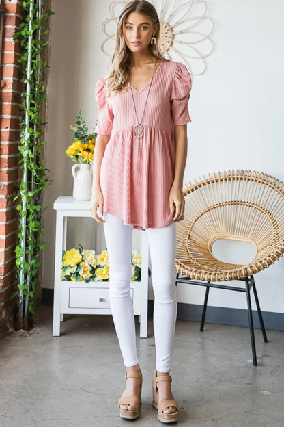 Heimish Knit V-Neck Babydoll Top Trendsi