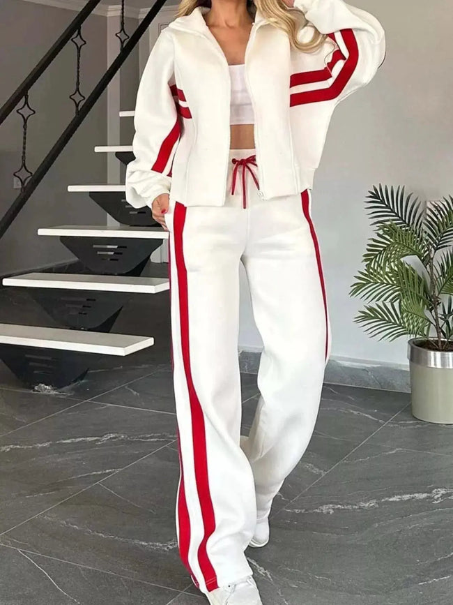 Full Size Contrast Stripe Zip Up Jacket and Pants Set  Style Ratio