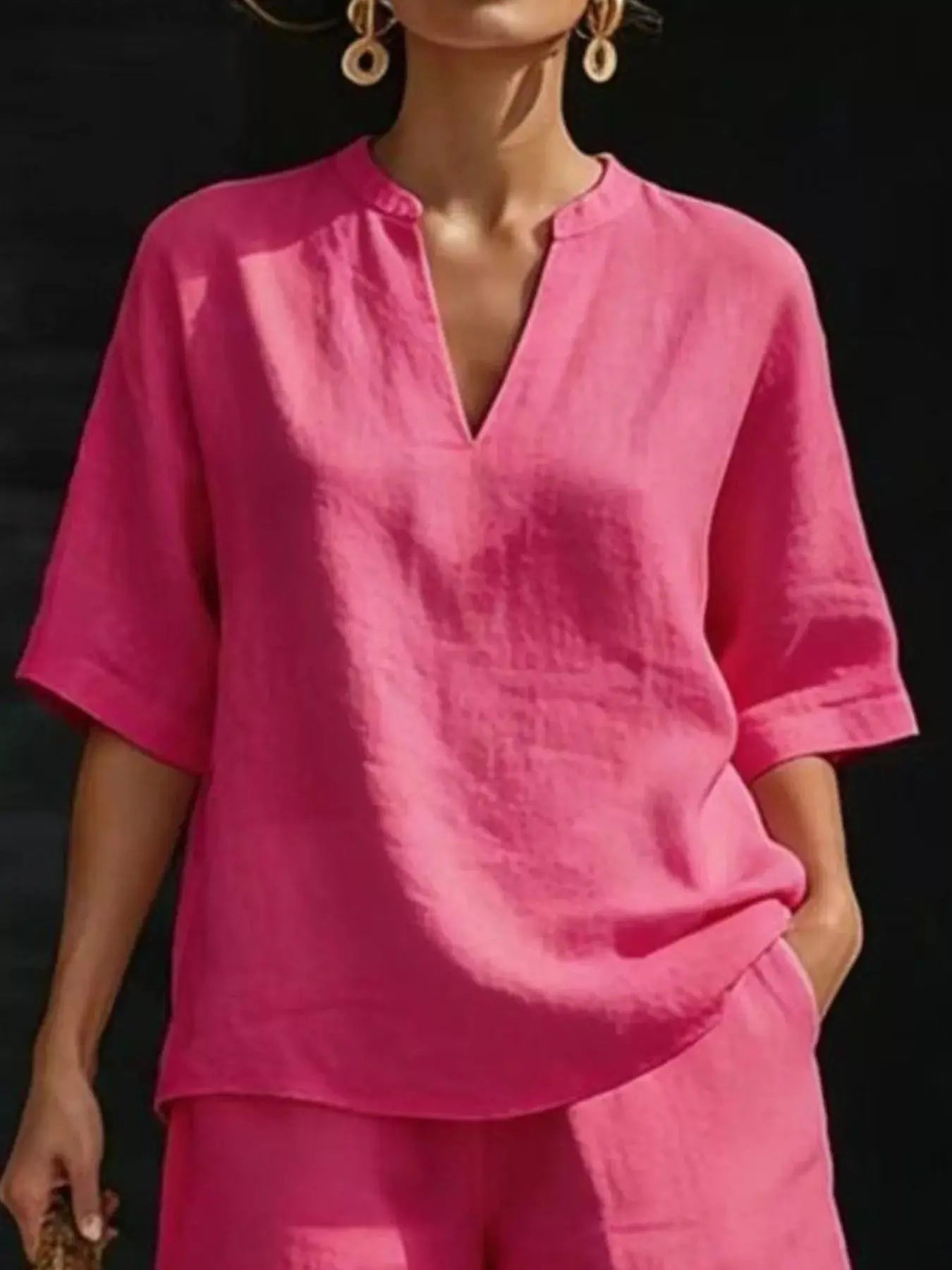 Full Size Notched Half Sleeve Top and Shorts Set  Style Ratio