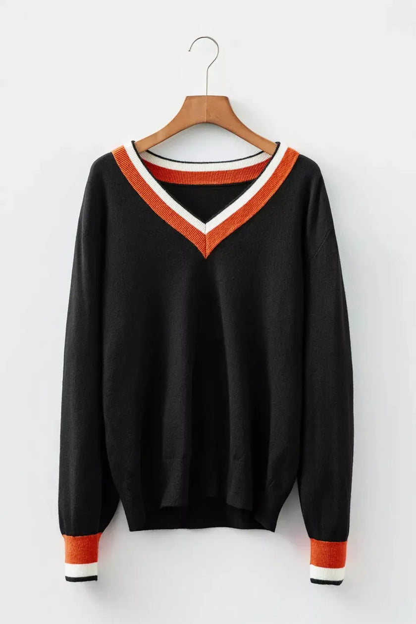 Contrast Striped Trim V Neck Varsity Sweater  Style Ratio