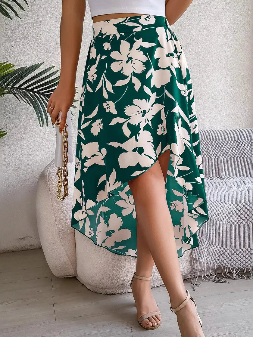 Floral Print Ruffle Hem Asymmetrical Skirt  Style Ratio