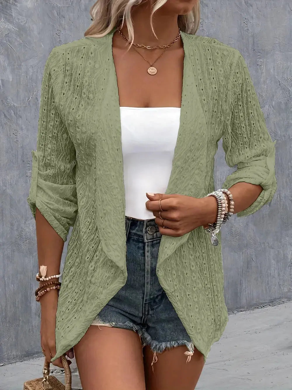 Eyelet Roll-Tab Sleeve Cardigan  Style Ratio