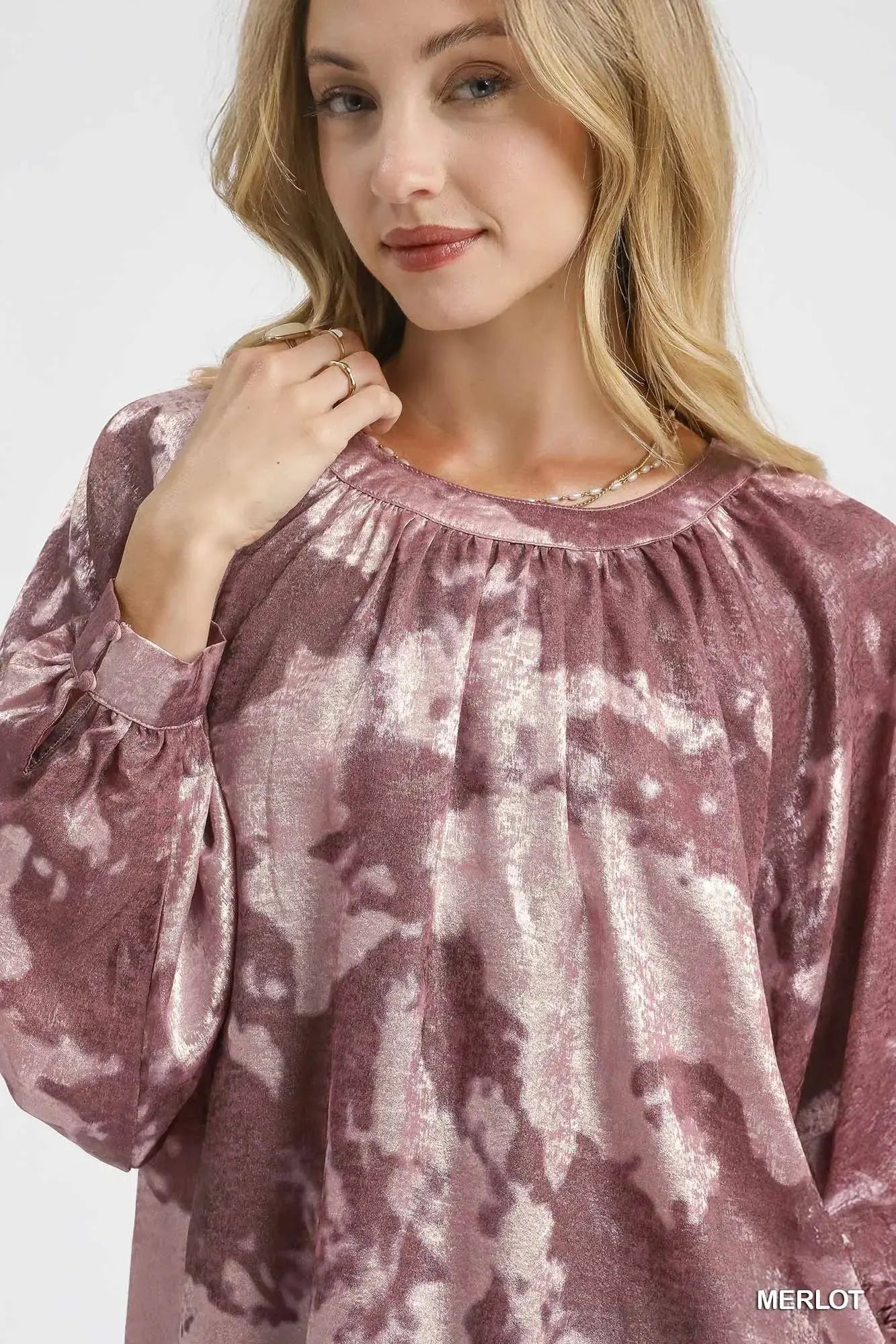 Umgee Metallic Fabric Blouse with Balloon Sleeves  Style Ratio
