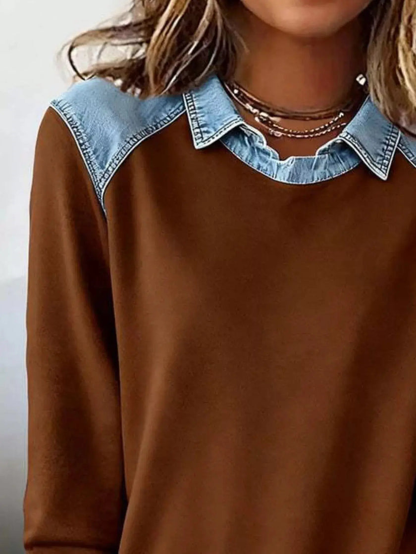 Full Size Denim Trim Long Sleeve Top  Style Ratio
