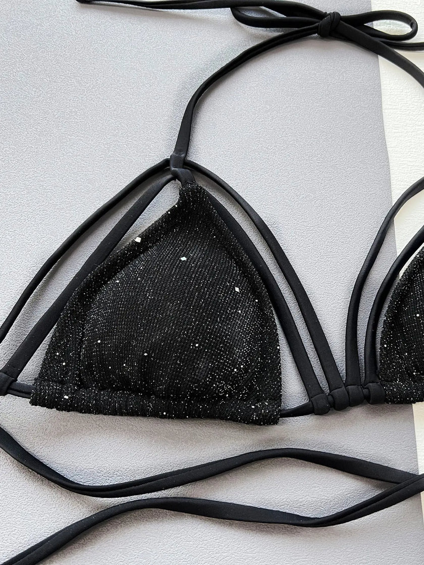 Glitter Halter Neck Strappy Two-Piece Bikini  Style Ratio
