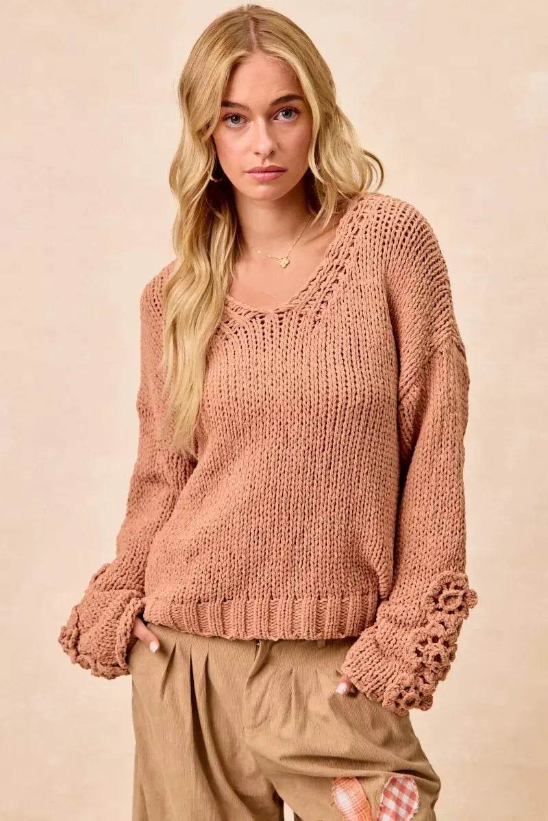 BiBi Chunky Knit Sweater with Flower Detail Sleeves  Style Ratio