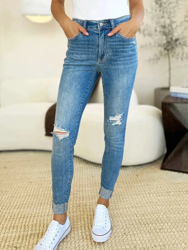 Judy Blue Full Size Mid Rise Destroy & Cuff Skinny Jeans  Style Ratio