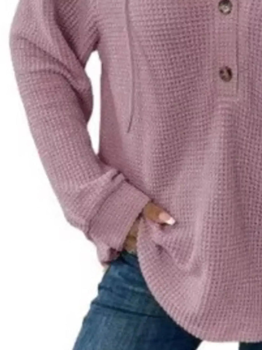 Full Size Button Detail Waffle Knit Hoodie  Style Ratio