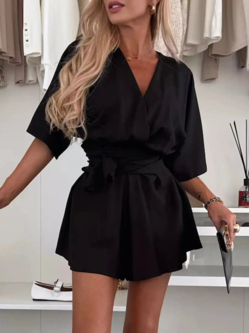 Full Size Surplice Tie Waist Romper  Style Ratio