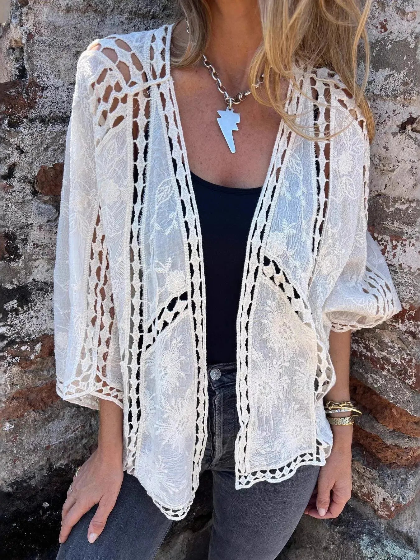 Full Size Embroidered Open Front Cardigan Plus Size  Style Ratio