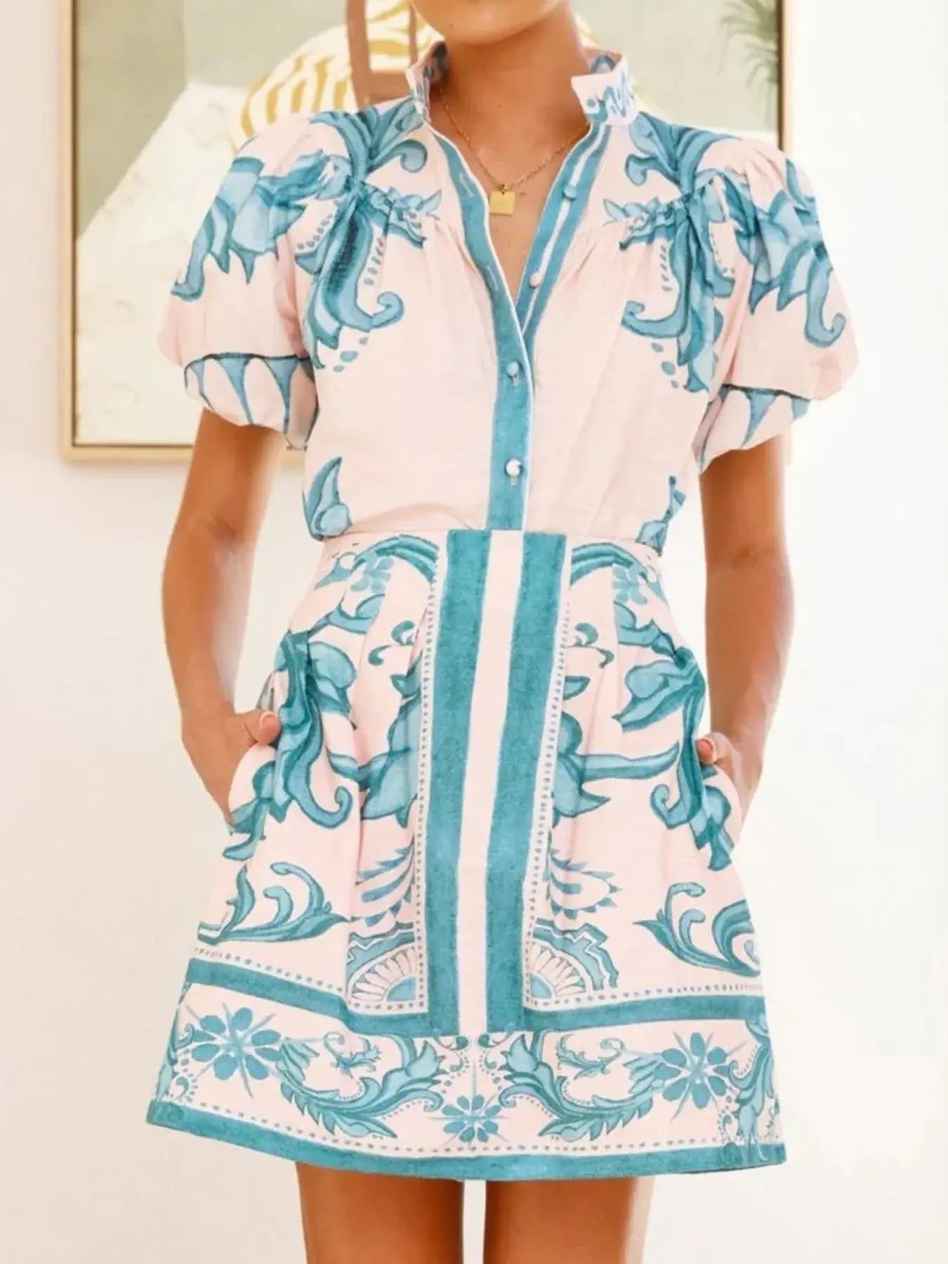 Printed Puff Sleeve Top and Skirt Set  Style Ratio