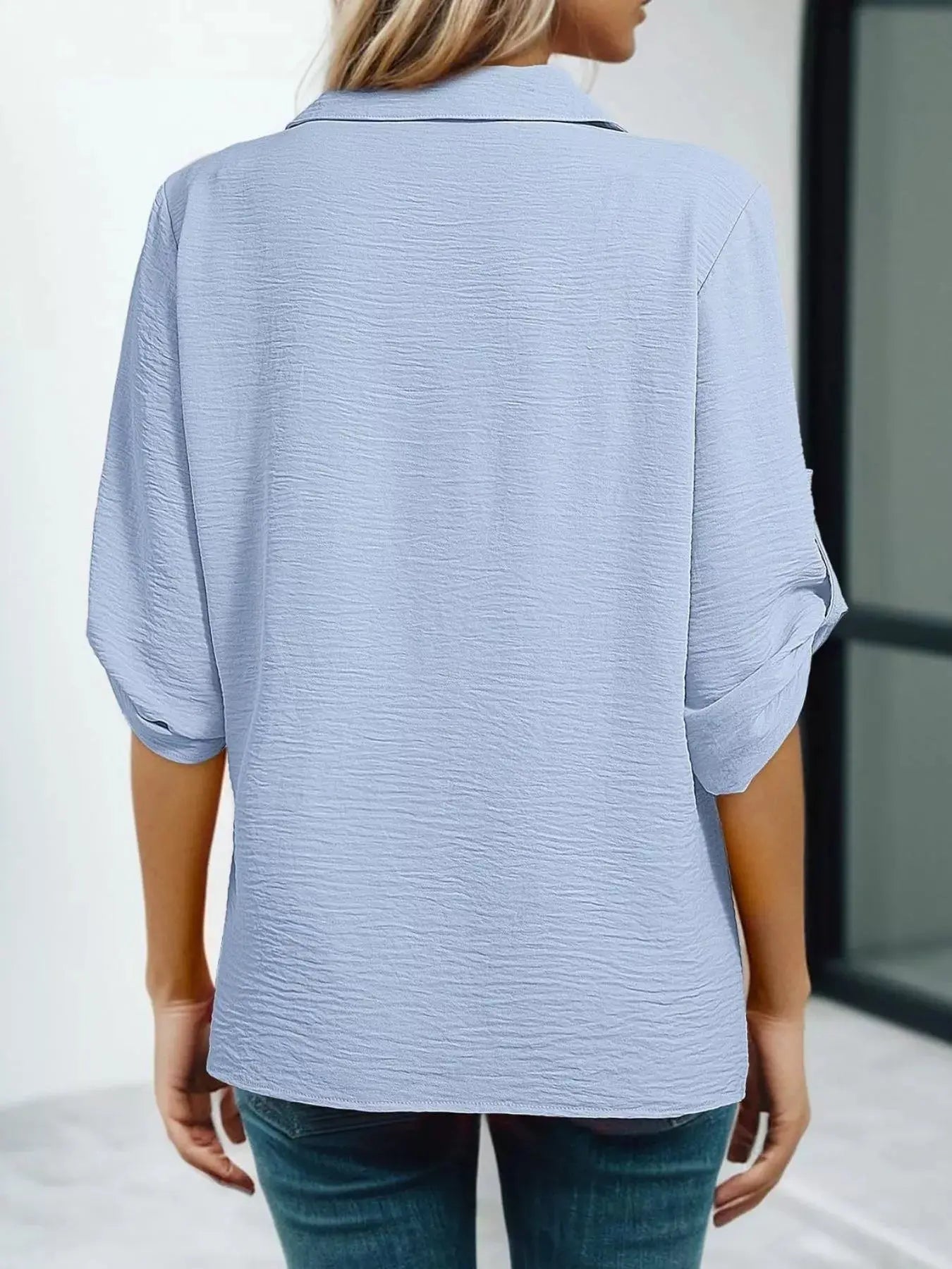 Johnny Collar Roll-Up Sleeve Blouse  Style Ratio