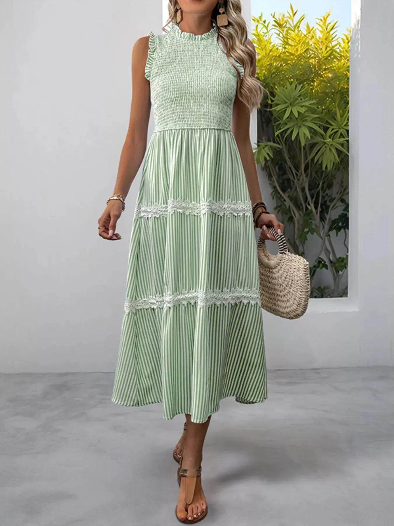 Smocked Striped Lace Trim Sleeveless Midi Dress  Style Ratio