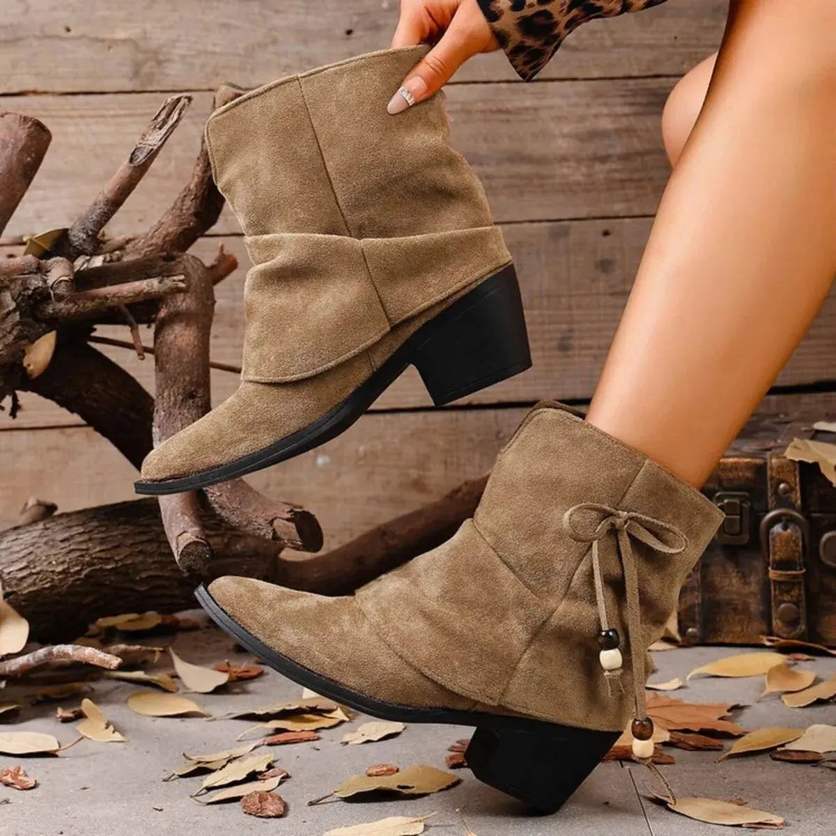 Suede Ankle Boots with Bow Accent  Style Ratio
