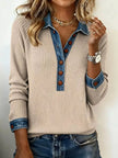 Full Size Denim Trim Button Front Ribbed Knit Top Plus Size  Style Ratio