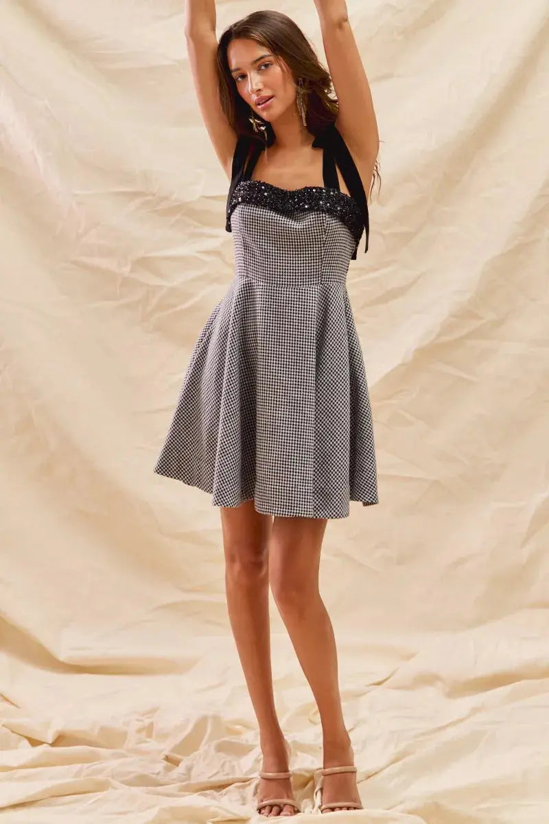 SO ME Houndstooth Fit Flare Mini Dress with Shoulder Tie  Style Ratio