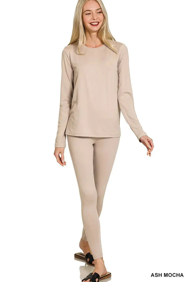 Zenana Microfiber Round Neck Top and Leggings Loungewear  Style Ratio