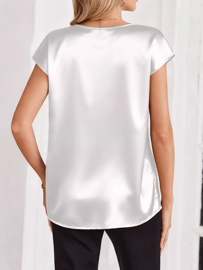 Satin V-Neck Cap Sleeve Blouse  Style Ratio
