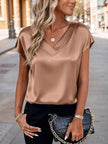 Satin V-Neck Short Sleeve Blouse  Style Ratio