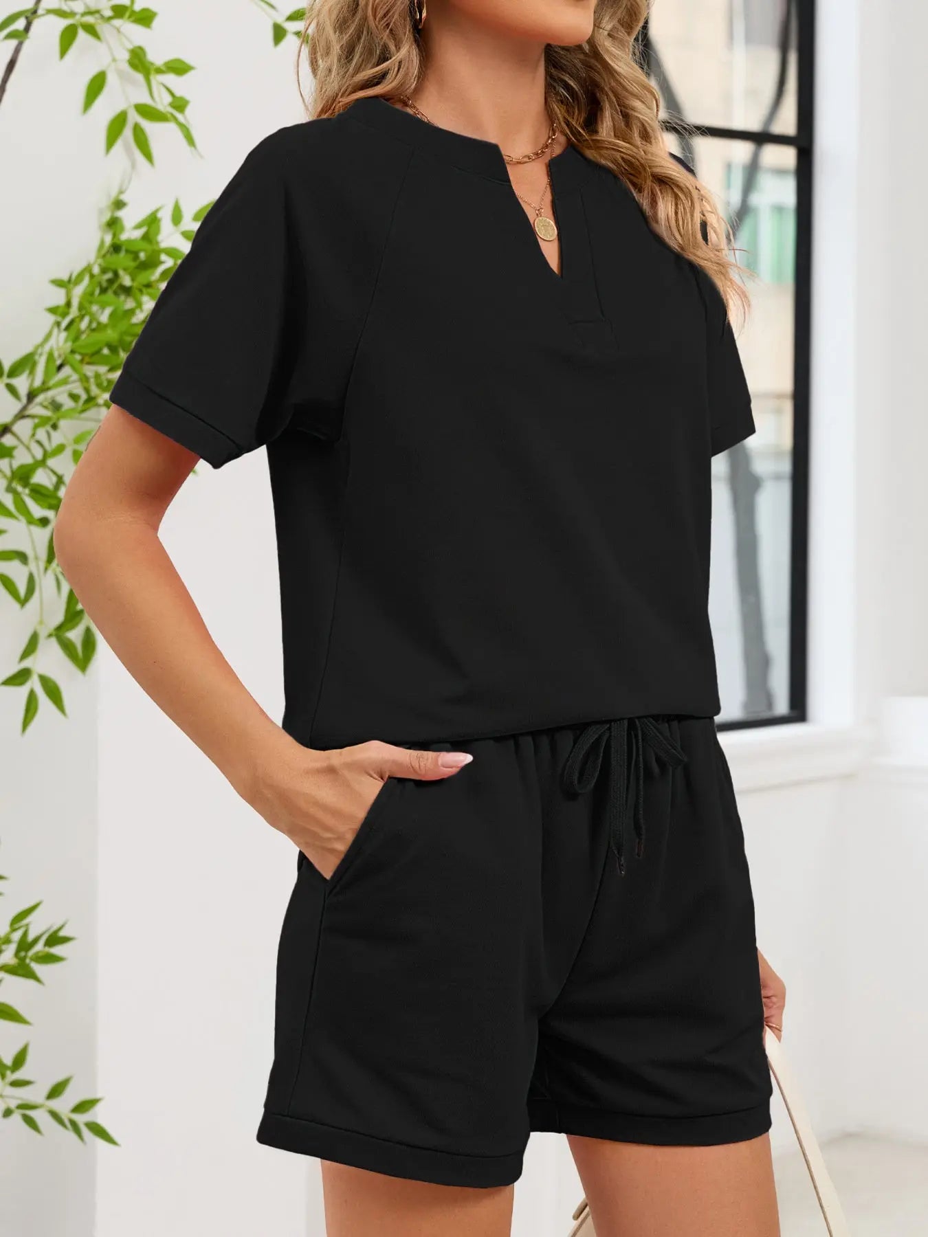 Notched Short Sleeve Top and Shorts Set  Style Ratio